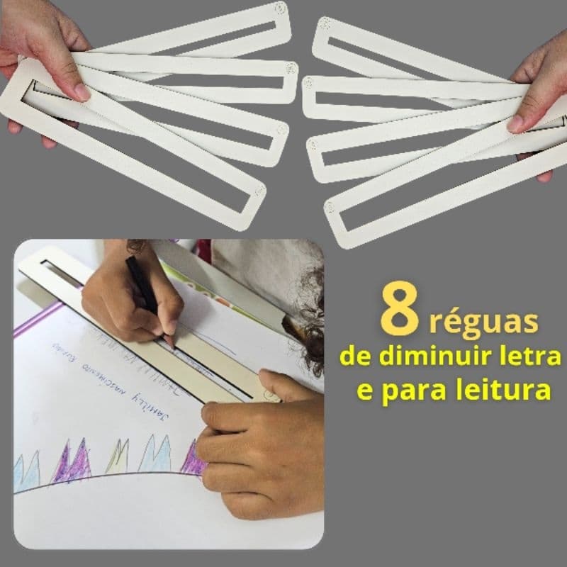 8 Réguas de Guia da Leitura e Escrita - Recurso Pedagógico de Diminuir Letra em Cadernos - Dislexia - Foco leitor
