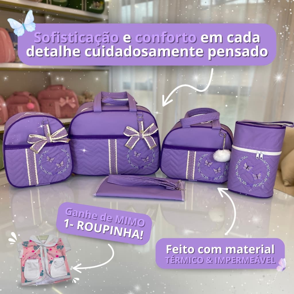 Kit Bolsa Maternidade para Bebê Conjunto com 5 peças Borboletas