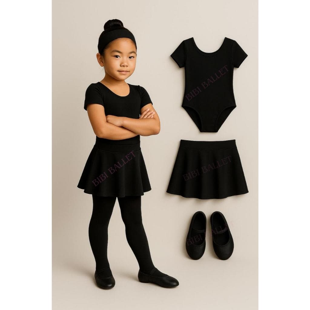 Kit 3 Itens Infantil/Juvenil de Ballet - (Collant COM manga + Saia de Cós + Sapatilha) - PRETO