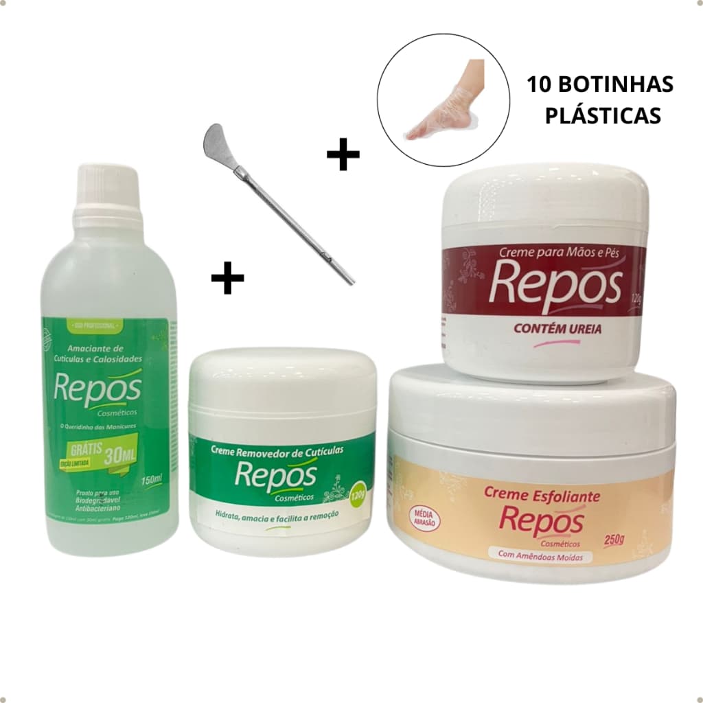 Kit Spa Dos Pés Repós Amaciante + Uréia + Esfoliante + Removedor + Espátula Calosidade + Botas
