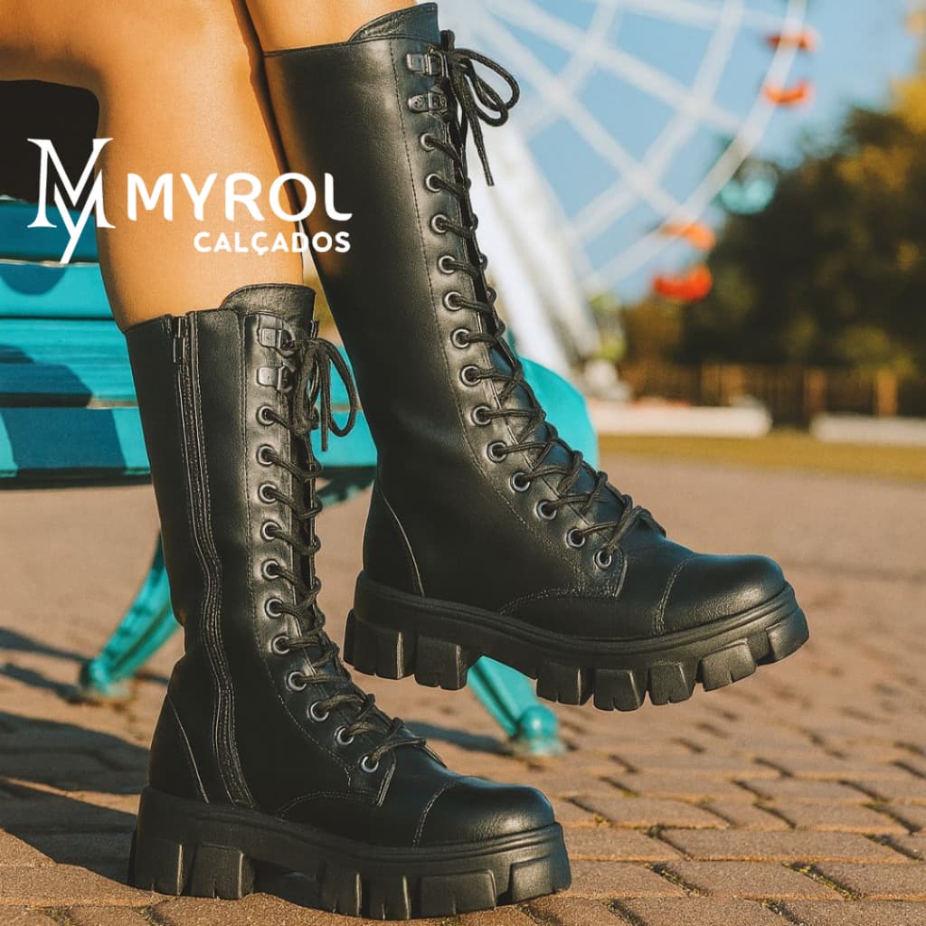 Bota Coturno Tratorado Cano Alto/Longo Moderna Zíper Lateral