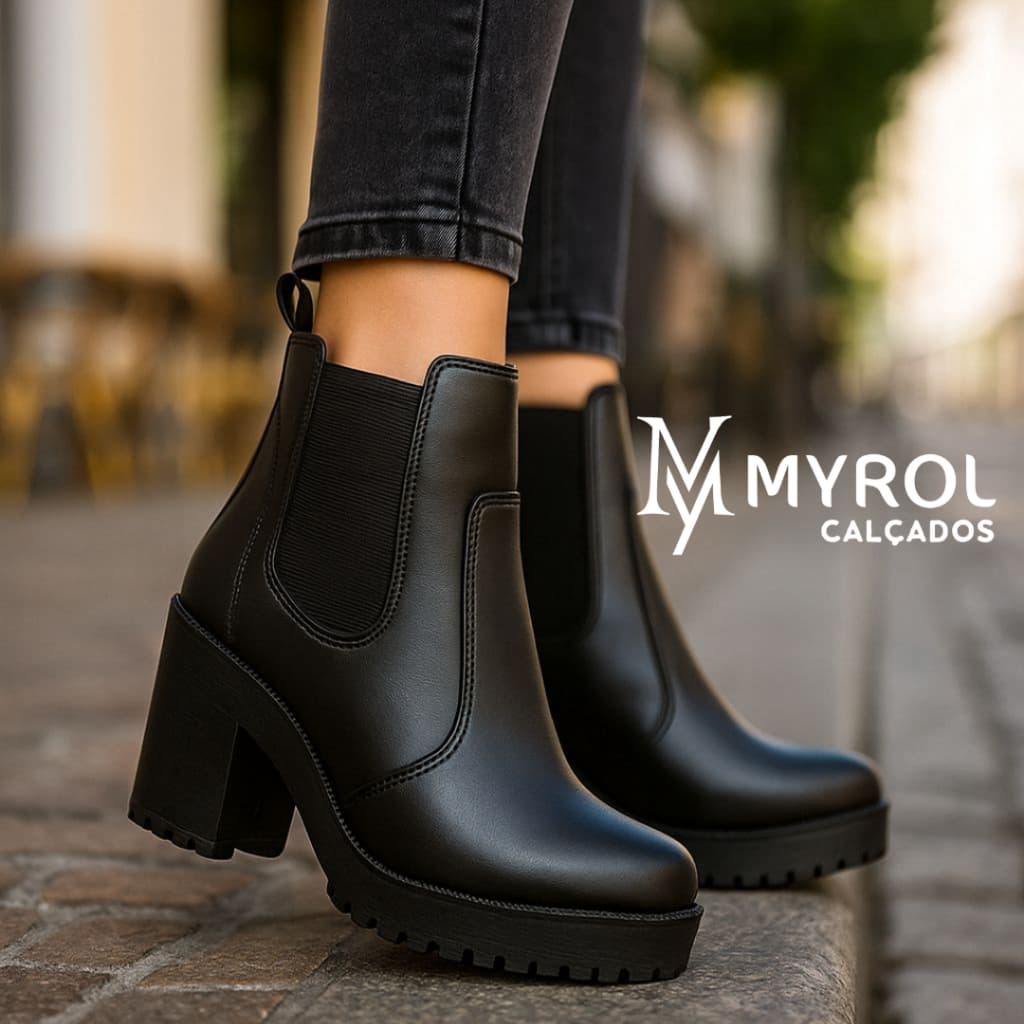 Bota Coturno Tratorado Salto Médio Elástico Preto