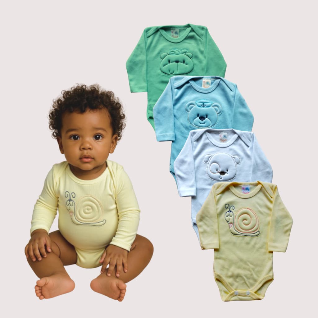 Kit 4 Bodies Bebê Bordado Manga Longa – 100% Algodão – Unissex – Estampas de Bichinhos