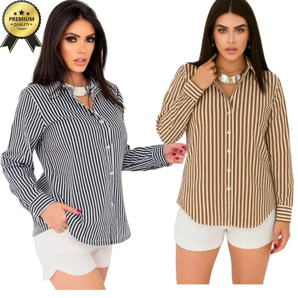Camisa Social Feminina Listrada com Manga Longa e Punho – Estilo Casual Chic