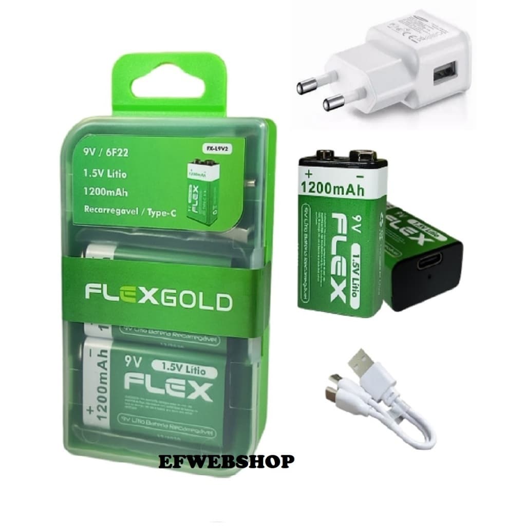 Carregador Baterias 9v USB 1200mAh Litio Flex Recarregáveis Cabo USB-C com Case FX-L9V1 ou FX-L9V2