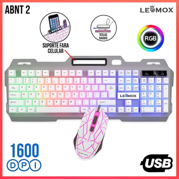 Kit Teclado + Mouse Gamer Semi-Mecânico Metal RGB Para PC Jogos LEY-2078 Com Suporte Para Celular