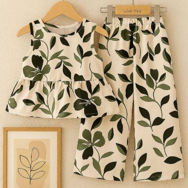 Conjunto Infantil Menina Verão 2 anos a 13 anos - Blusa Babado + Calça Foral Pantacout