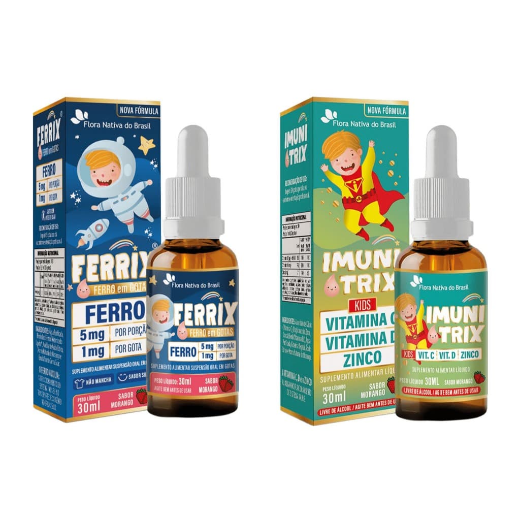Kit Vitamina Infantil Ferrix Ferro 30ml Sabor Morango + Imunitrix (Vitamina C, Vitamina D, Zinco) 30ml - Flora Nativa