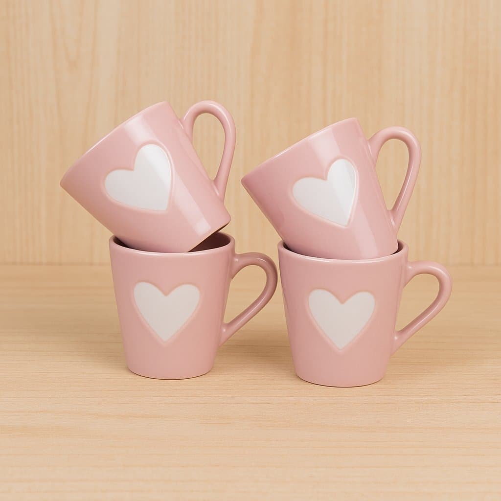 Jogo Kit 4 Xicaras Canecas Chá Café Porcelana Rosa Coração Relevo Branco