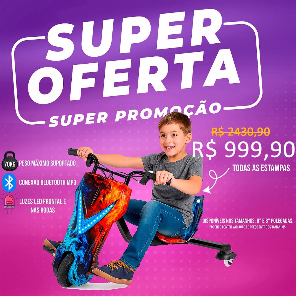 Triciclo Elétrico Drift Motorizado 350w Adulto/Infantil 6" 8" Polegadas 3 Velocidades Bluetooth Led