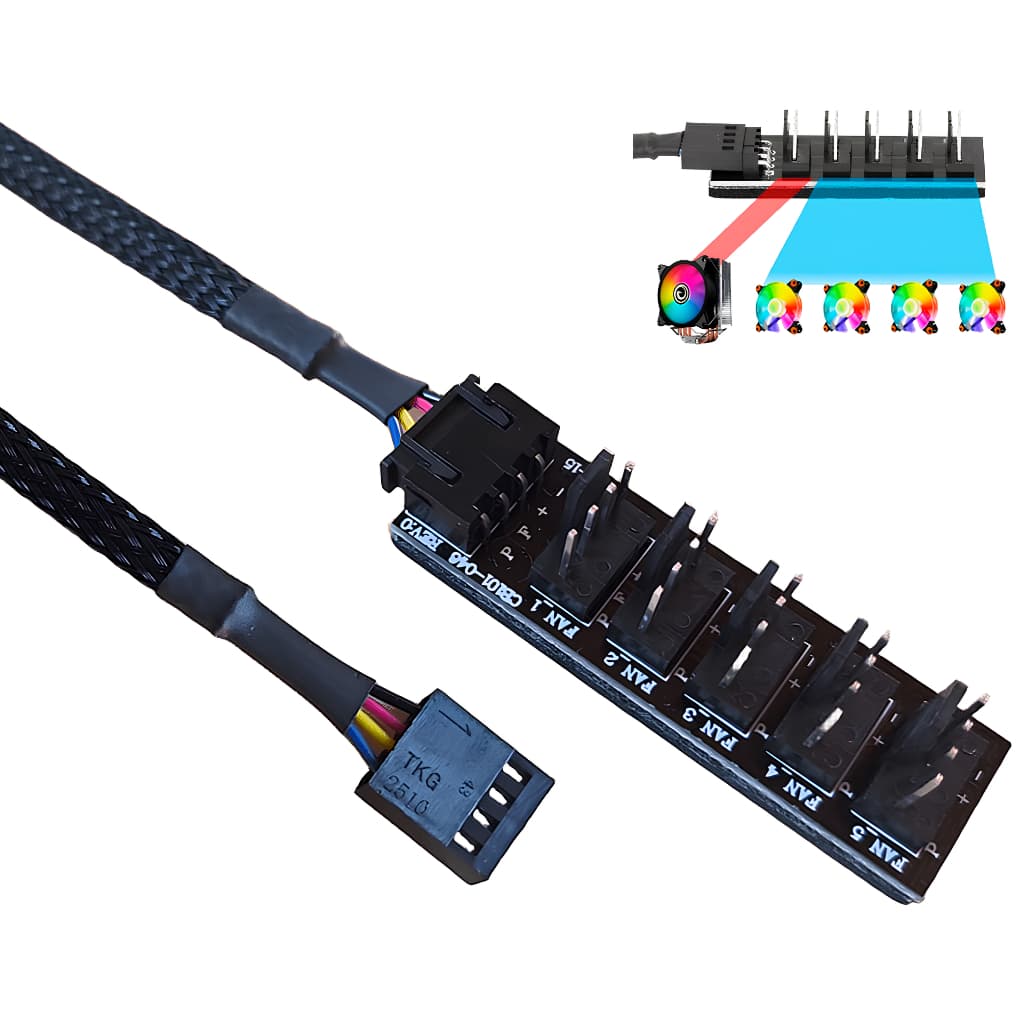 Cabo Multi Fan P/ 5 Coolers Controle Pwm Sleeved Cpu Adaptador Hub Splitter Molex 3 E 4 Pinos