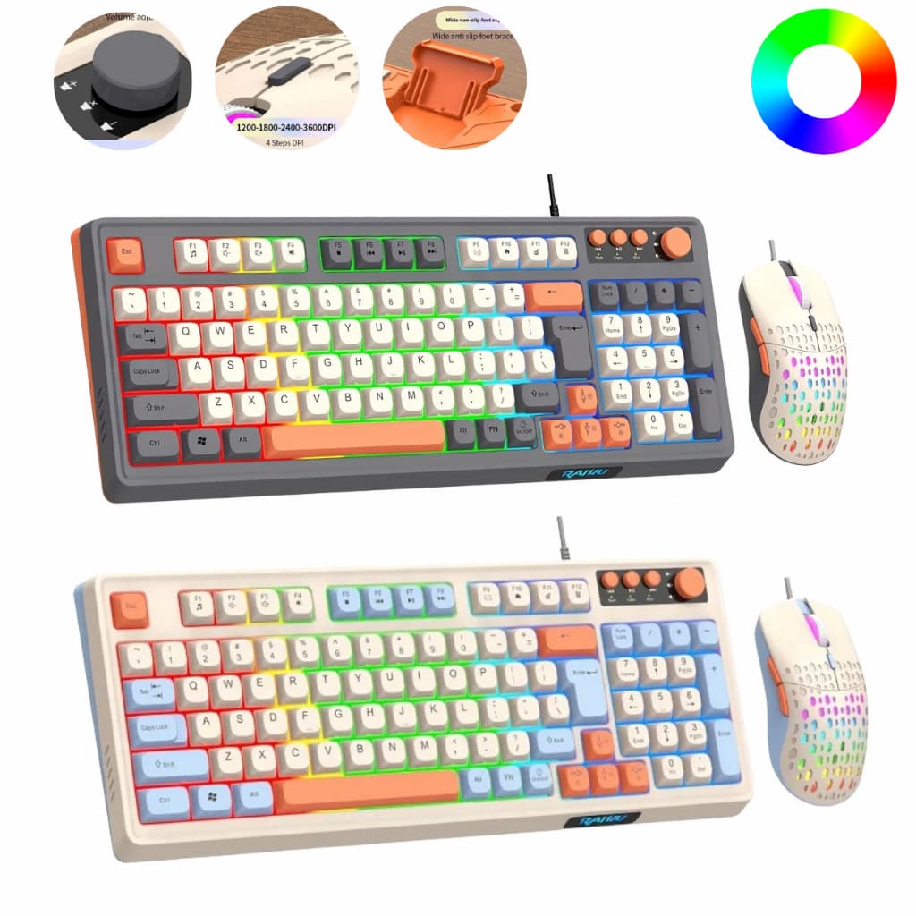 Kit Teclado e Mouse Gamer RGB com Fio e Mixer de Volume Layout 98 Teclas Jogos Semi Mecanico Setup