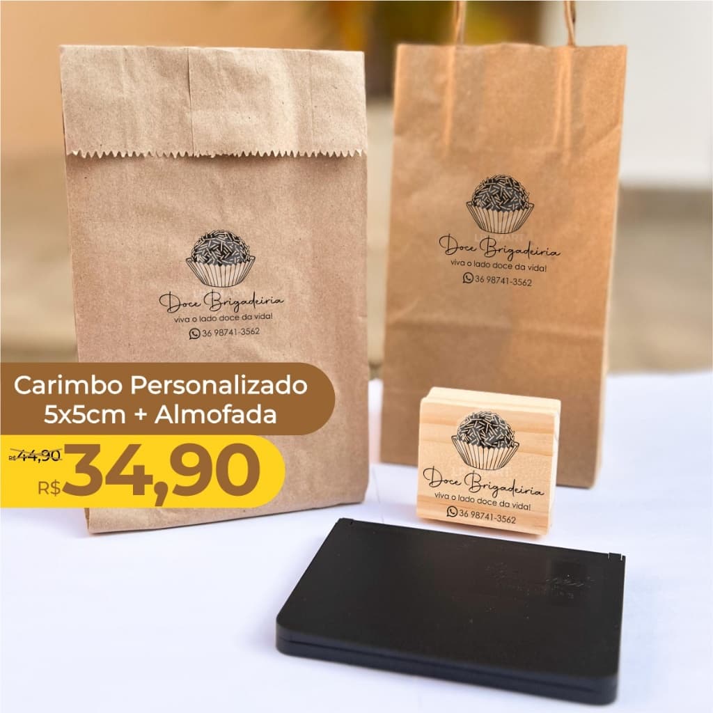 Kit Carimbo Personalizado 5x5cm + Almofada nº 3 com Tinta para sacolas, tags, caixas, papel de seda