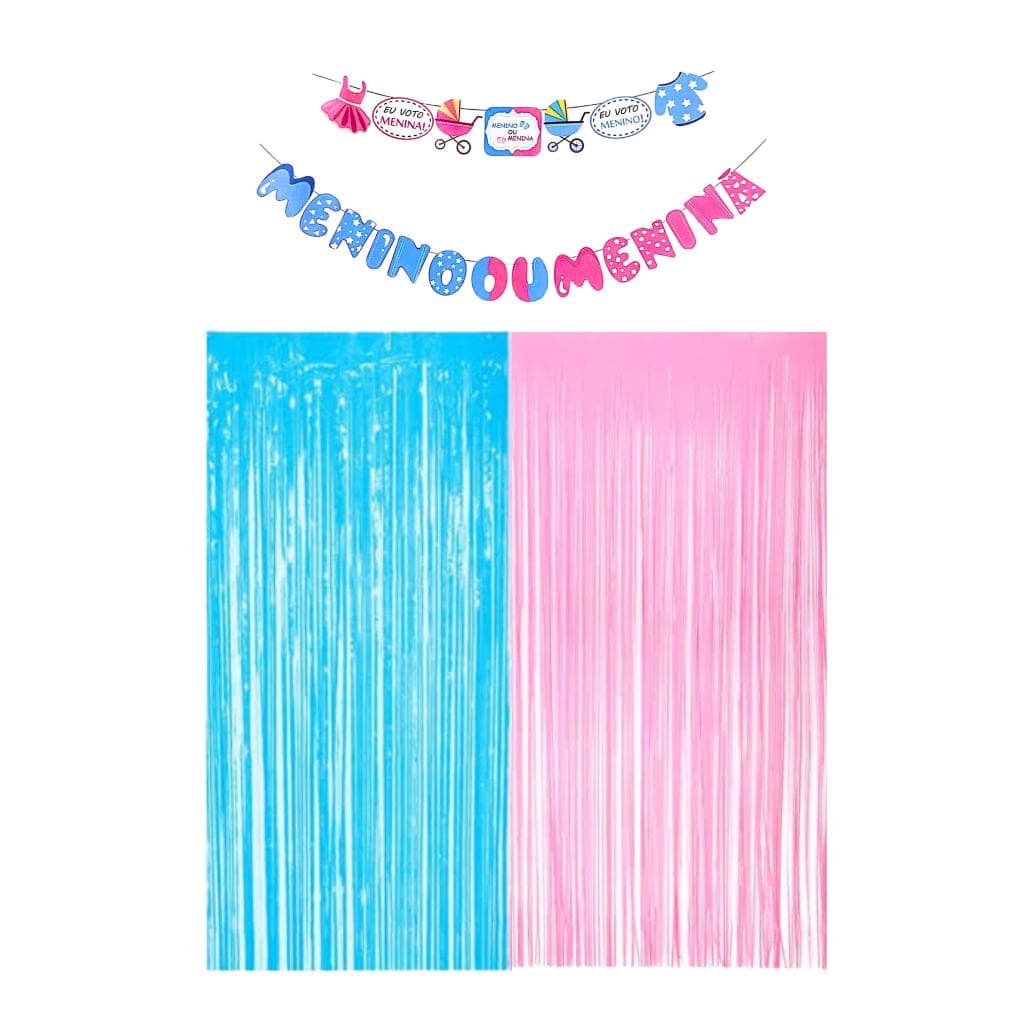 Kit Chá Revelação Banderola + Cortina Decorativa festa aniversario surpresa decoracao cha de bebe