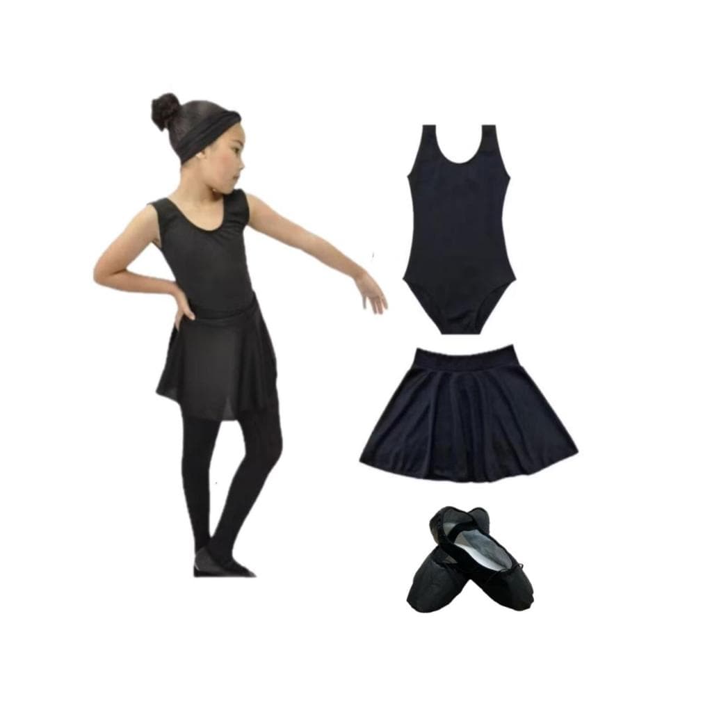 Kit 3 Itens Infantil/Juvenil de Ballet - (Collant regata PRETA + Saia de Cós PRETA + Sapatilha)
