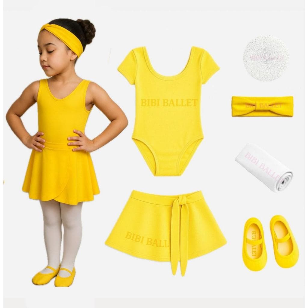 Kit Ballet Infantil - 6 itens/ uniforme  - Rede e faixinha BRANCO (Saia de Transpassar e Collant COM Manga) - AMARELO