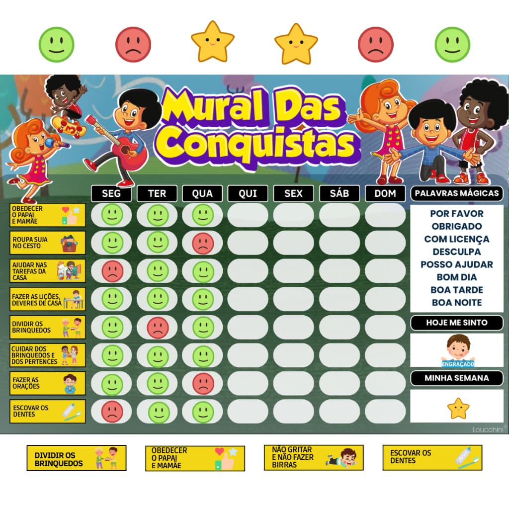 Quadro de Rotina Diária E Tarefas Infantil Tema 3 Palavrinhas Incentivo ao Bom Comportamento