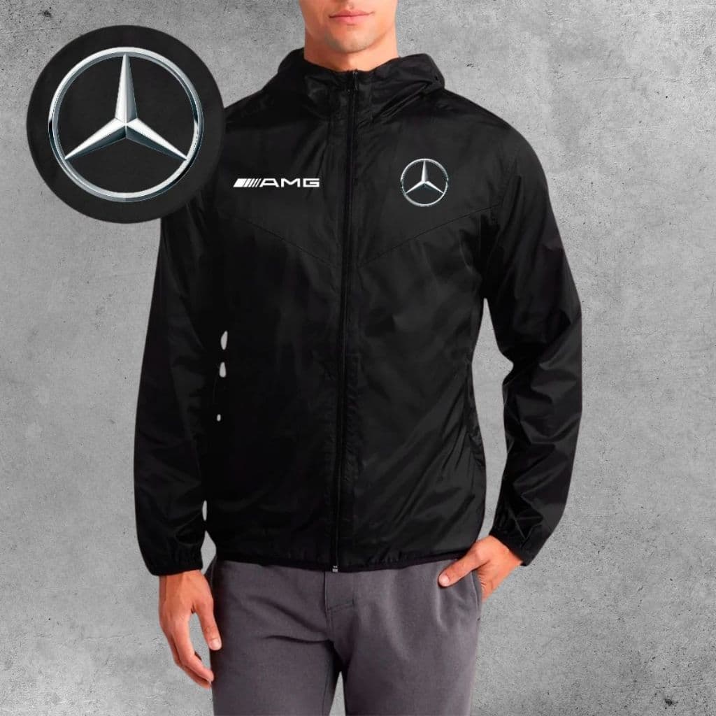 Jaqueta Corta Vento Masculina - MERCEDES - Com Capuz Zíper Bolsos Corrida Academia Esportes