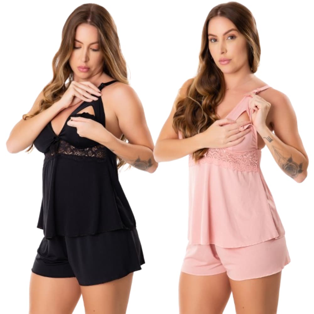 Kit 2 Baby Doll Amamentação Abre Fácil Gestante Pós Parto Pijama Para Amamentar Com Renda