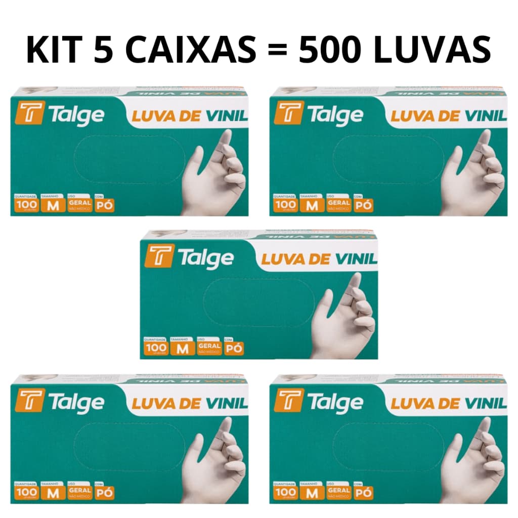 Kit 05 Caixas de Luva Vinil Com Pó e Sem Pó Descartável Tamanho P M G 500 Unidades