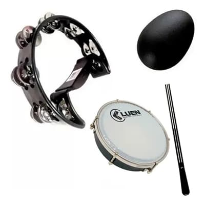 Kit Pandeiro Meia Lua Preto + Tamborim com Baqueta + Ovinho de Percussão