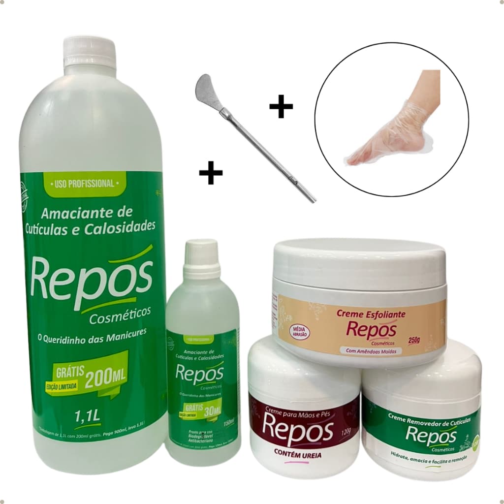 Kit Spa Dos Pés Repós Amaciante 150 E1lL+ Uréia+Removedor Esfoliante +Espátula Calosidade+10 Botas
