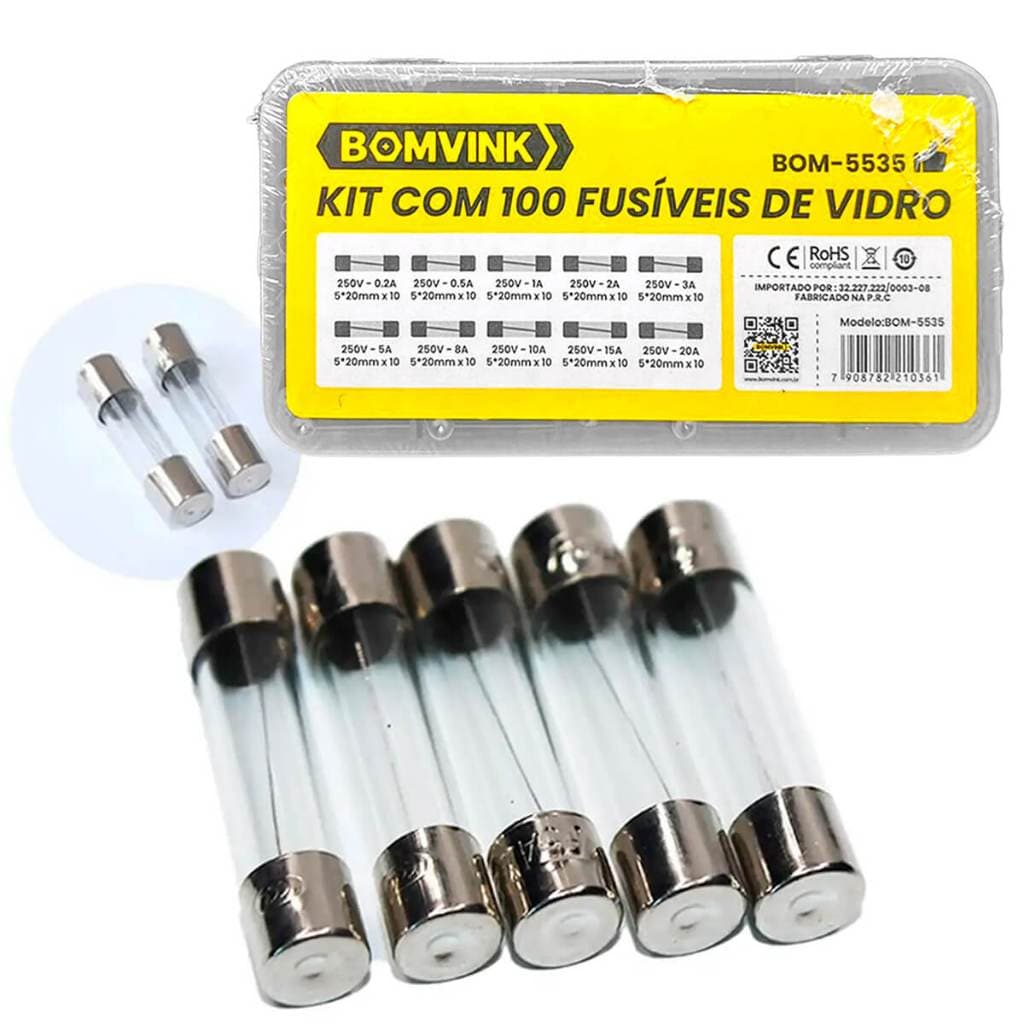 Kit 100 Fusíveis Vidro 5x20mm Diversas Amperagens 250V [ Bomvink ]