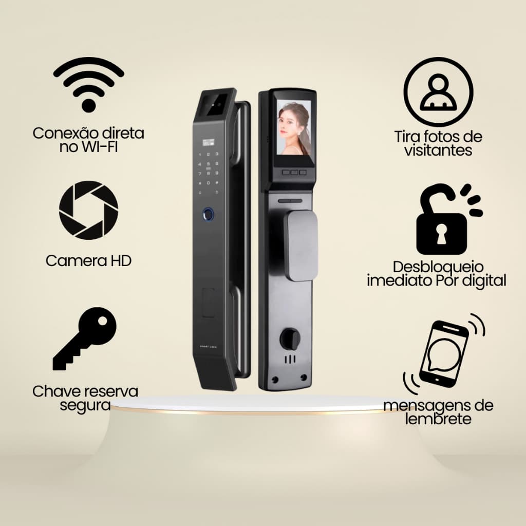 Fechadura eletrônica inteligente câmera, reconhecimento facial 3D, Digital Biométrica Envio Imediato