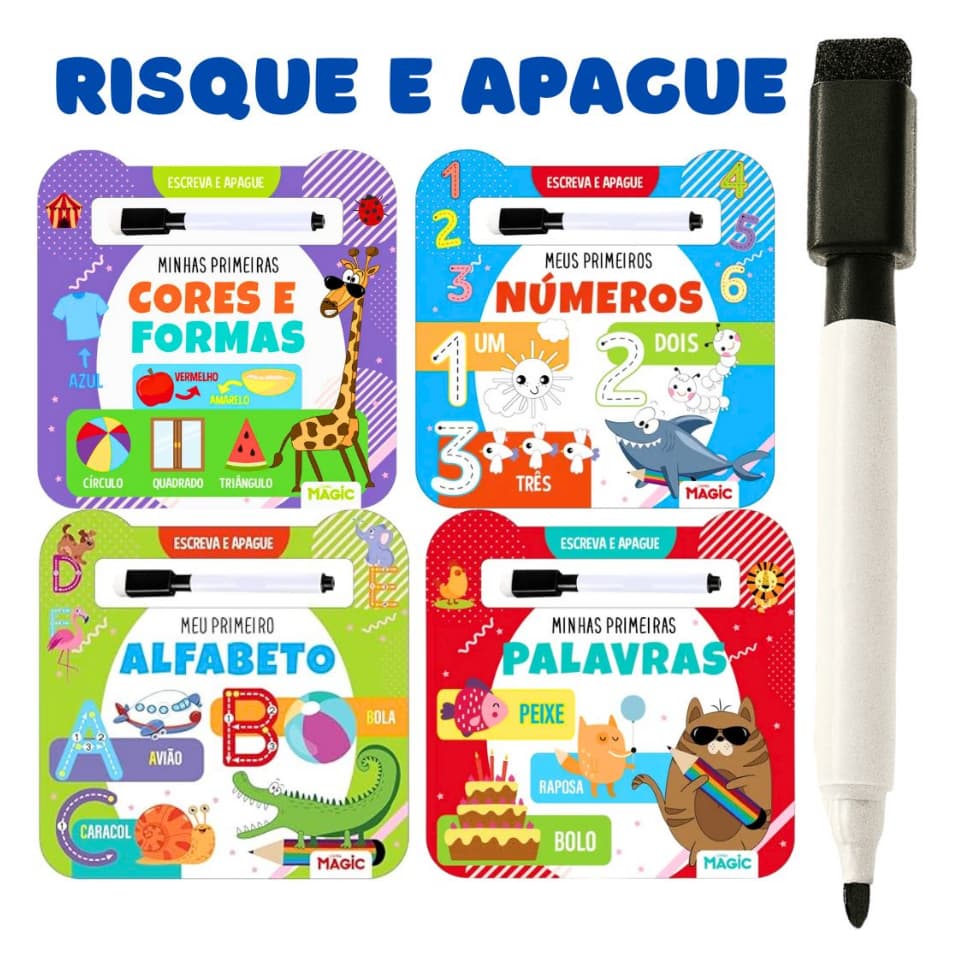 Kit 4 Livro de Atividade Caligrafia Letra Cursiva Infantil Com Caneta Mágica Escreva E Apague