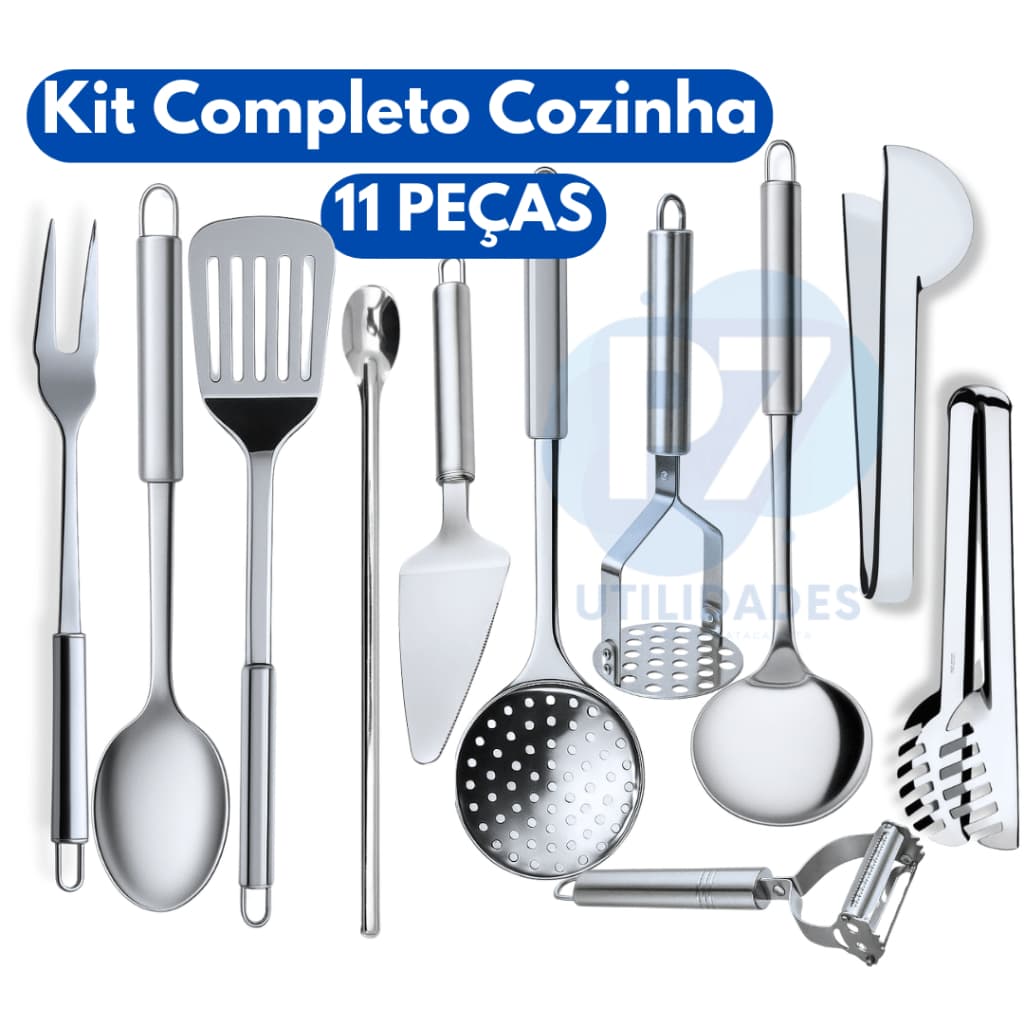 Kit Cozinha 11 Utencilios Inox Descascador de Legumes Amassador Batata Concha Talheres Escumadeira