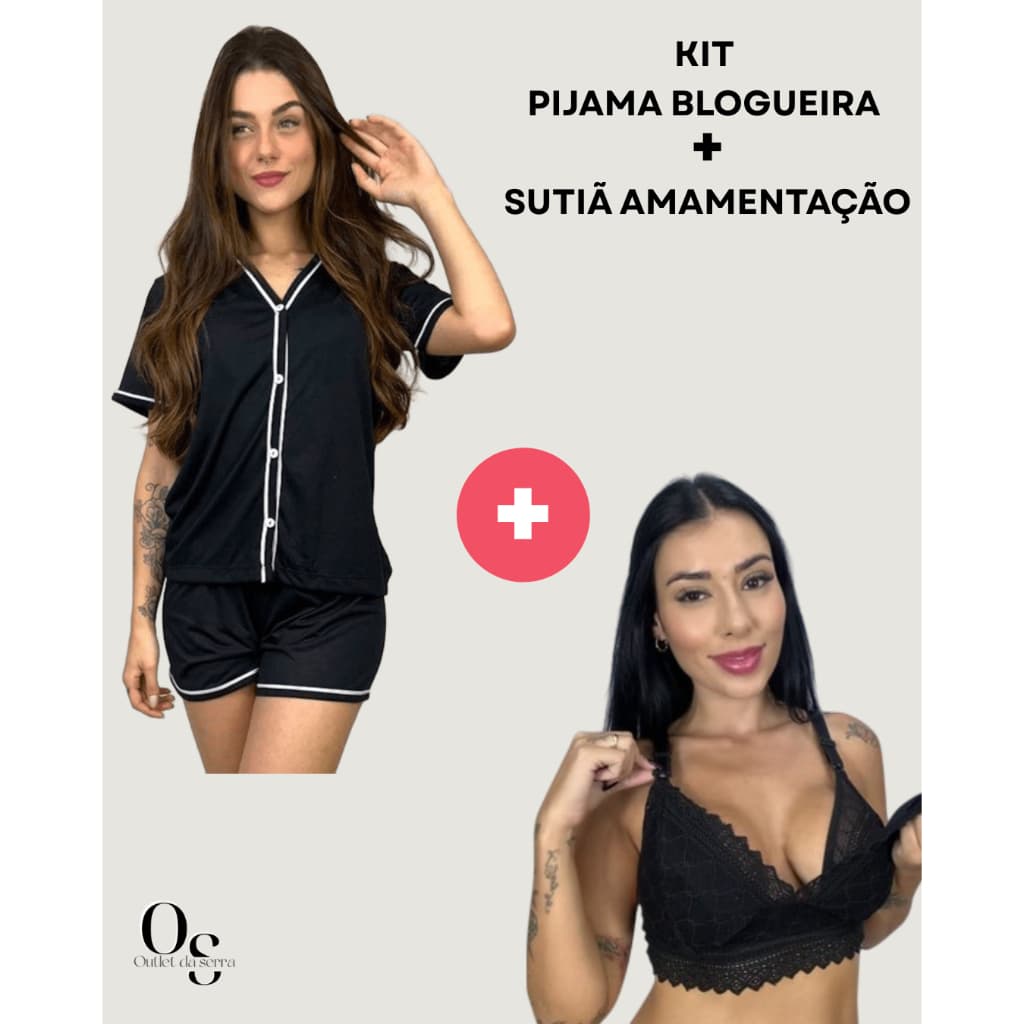 KIT Amamentação Baby Doll Blogueira Curto Pijama Feminino Americano Botões Virginia + Sutiã Amamentação Renda