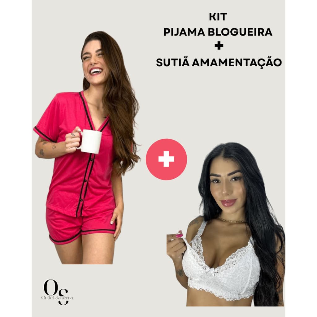 Kit Maternidade  Pijama Pós Parto Americano Blogueira com Botão + Sutiã Amamentação Renda Gestante