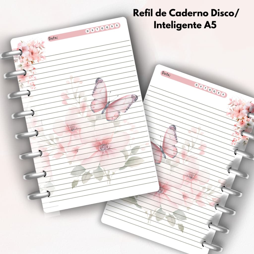 Refil de 100 Folhas A5/148.x21CM de Caderno Inteligente/Disco Personalizada Butterflay Pink