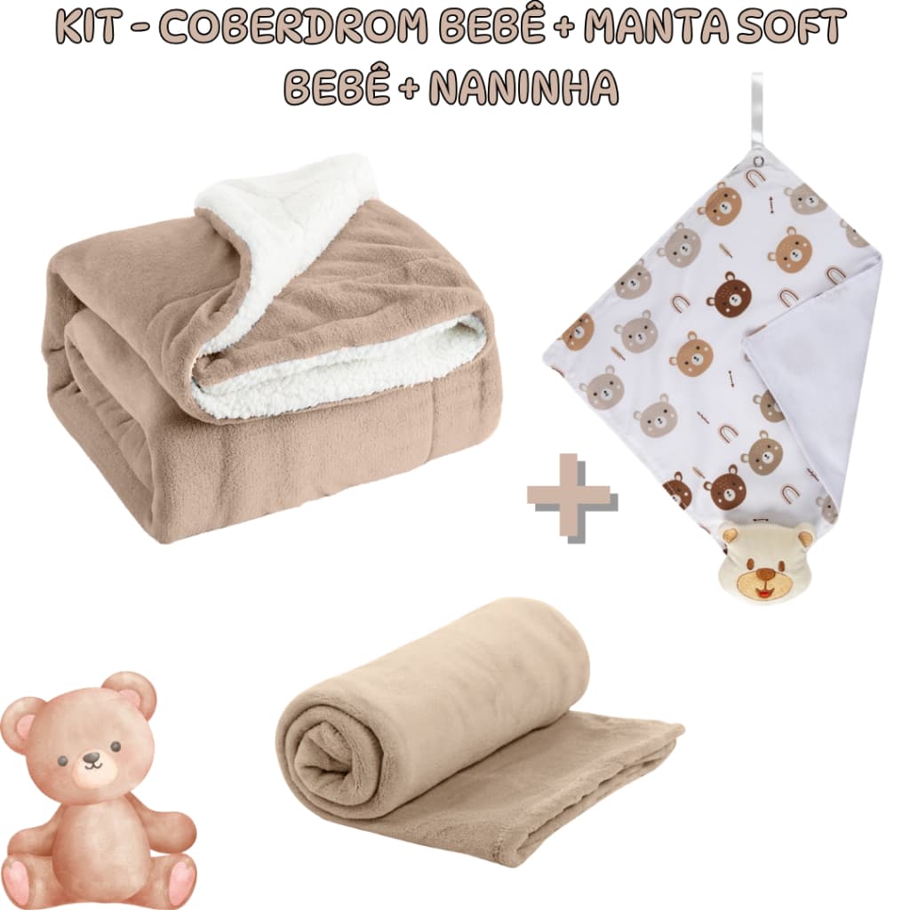 Kit 3 Itens Bebe - Manta sherpa bebe + Manta soft bebe + Naninha