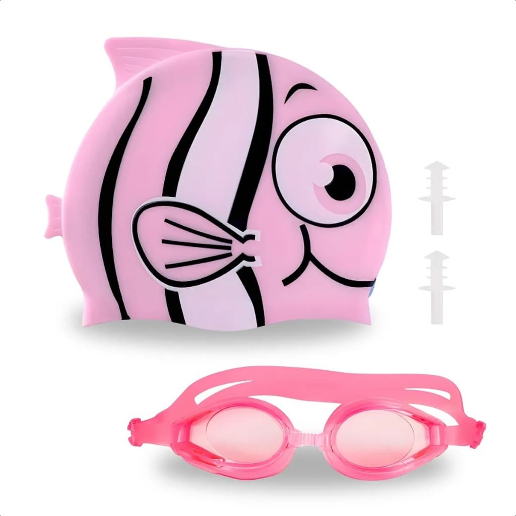 Kit Natação Infantil Peixe Menino E Menina Touca Toca Óculos Mergulho Silicone Com Protetor