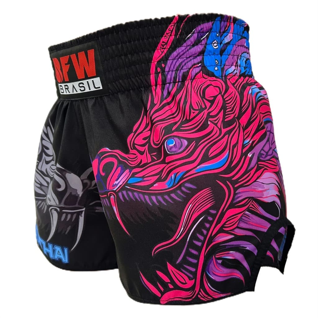 Short Muay Thai Bermuda Calção Modelo Tailandês - Dragão Pink
