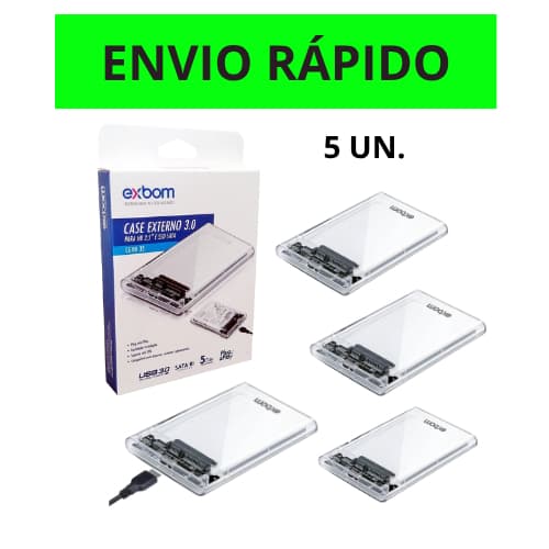 Kit 5 Case Externo HD/SSD USB 3.0 Transparente 2.5"  SATA Exbom Case HD 2,3,4 e 6 Un.