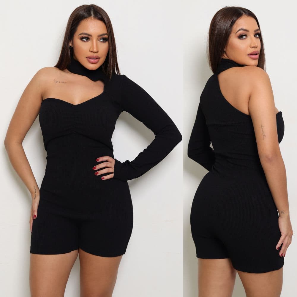 Macaquinho Feminino Assimétrico Macacão Curto Casual Canelado Assimétrico Balada Academia Vazado