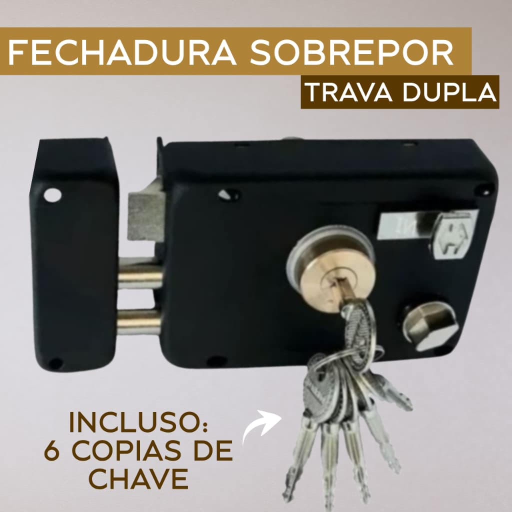Fechadura Sobrepor Tetra para Portão e Porta com Trava Dupla Acompanha 6 Cópias de Chaves