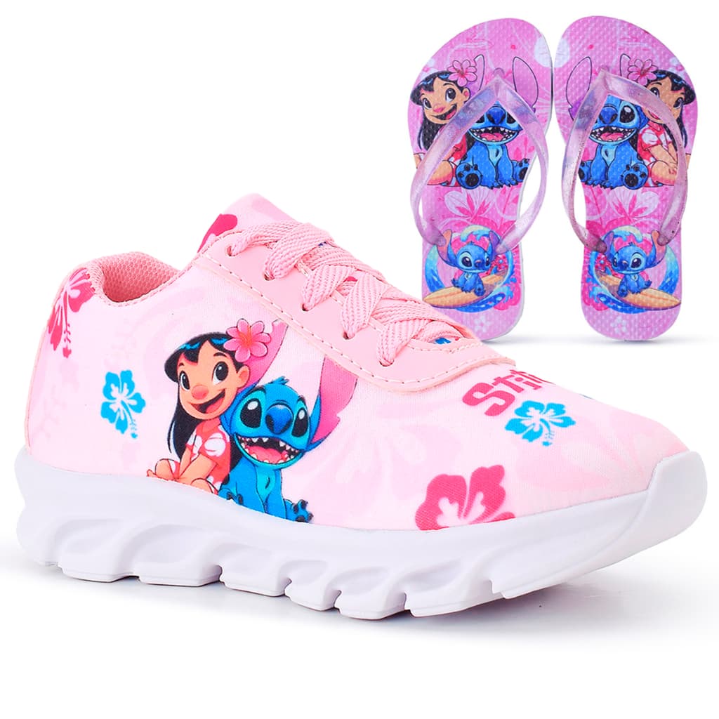 Kit Tênis Infantil Stitch Menina Casual + Chinelo Infantil