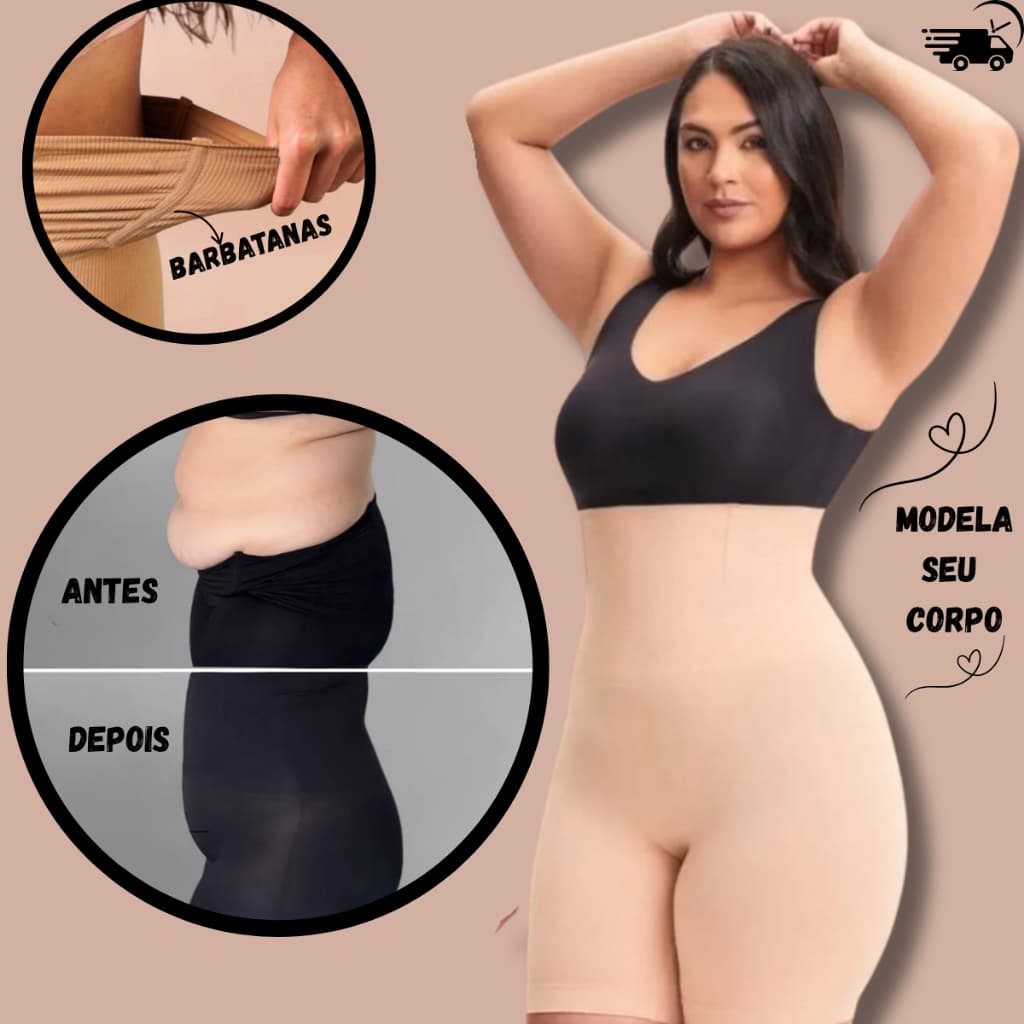 Cinta Short Modeladora Feminina Cintura Alta, Efeito Levanta Bumbum Empinado, Compressão tipo Bermuda, Reduz Medidas