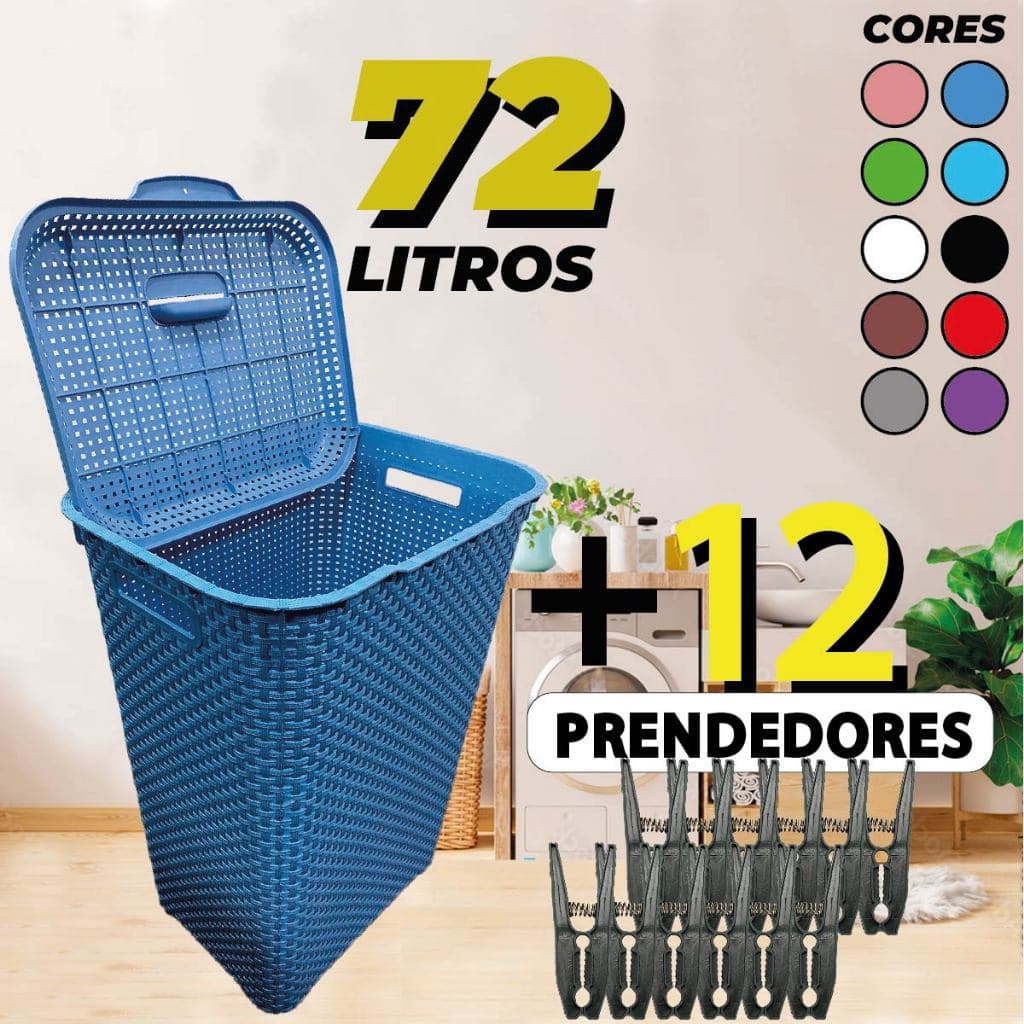 1 Cesto Para Roupa Suja Rattan 72 Litros Retangular  Com Tampa Lavanderia Quarto + 12 Prendedores
