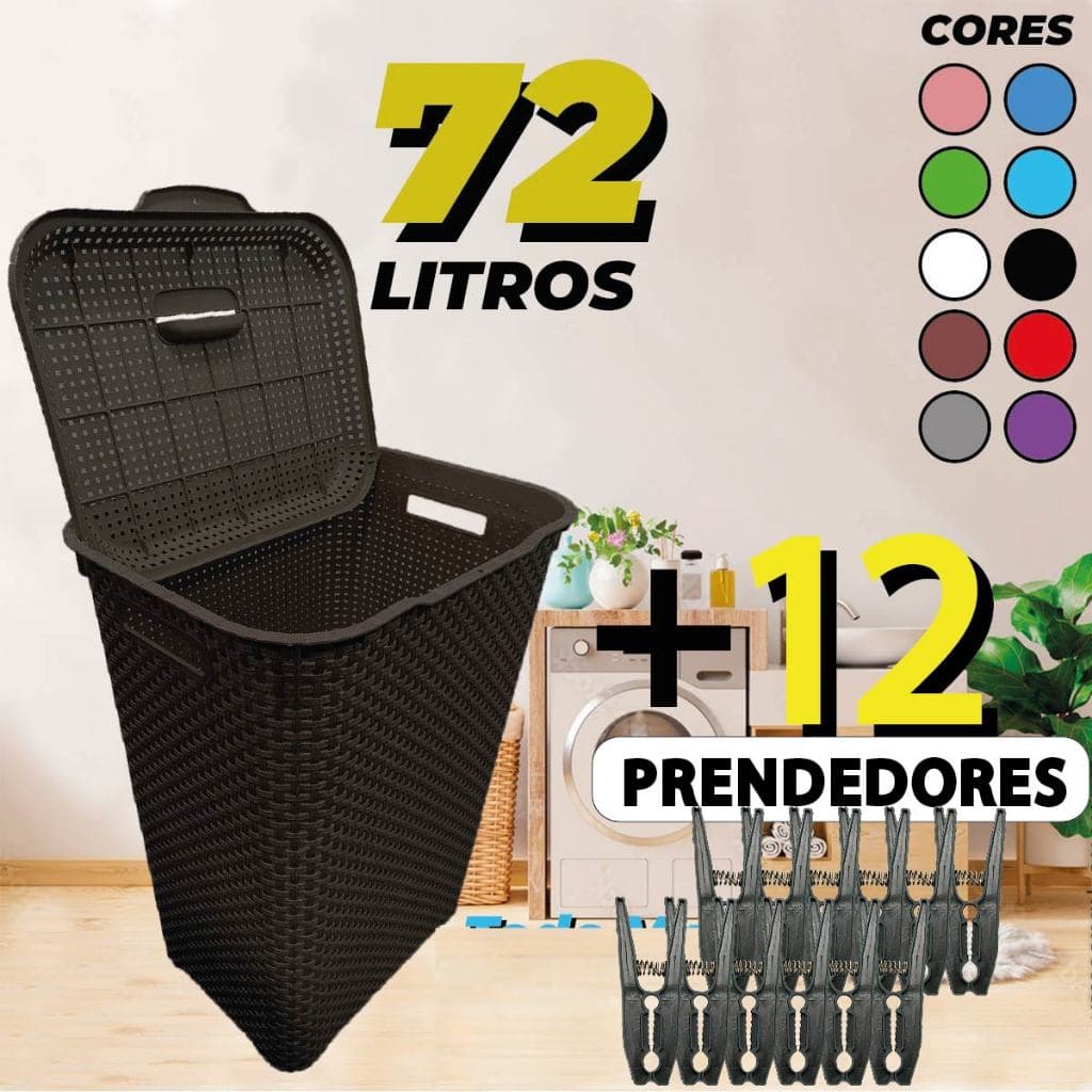 Cesto De Roupa Suja 72 Litros Lavanderia Com Tampa Organizador  Lavanderia Banheiro + 12 Prendedores