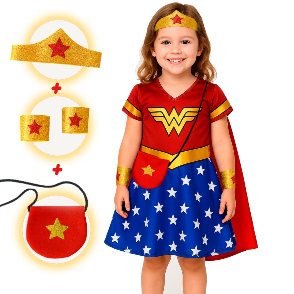Fantasia menina infantil mulher maravilha vestido COM ACESSÓRIOS