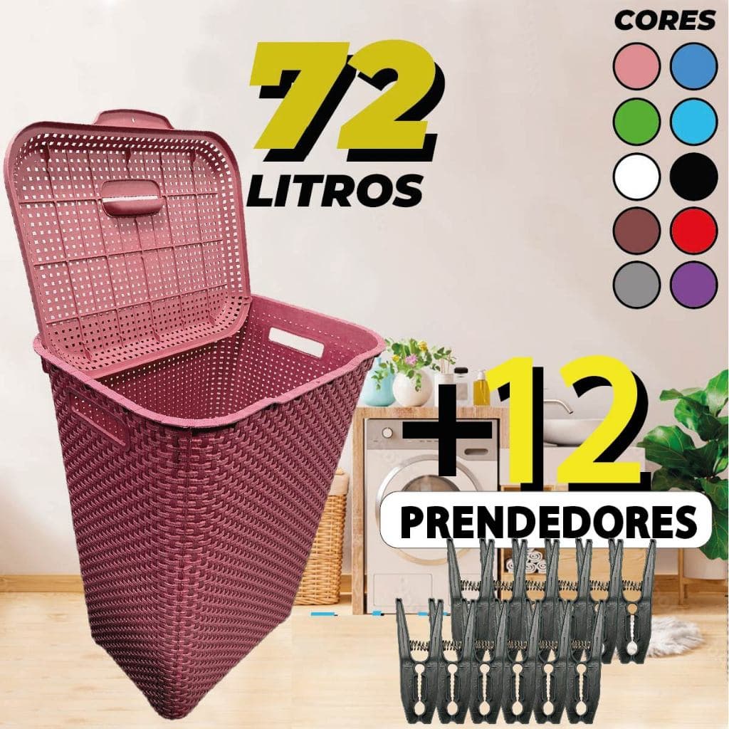 1 Cesto De Roupa Suja 72 Litros Rattan Resistente Lavanderia C/ Tampa Organização Multiuso Flexível