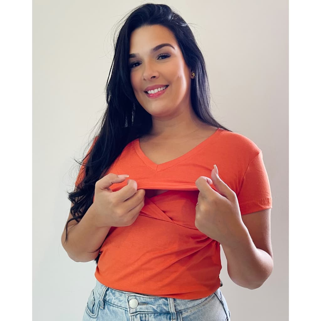 Blusa T-shirt Amamentação com Manga Gola V Malha Viscolycra Amamentar Grávida