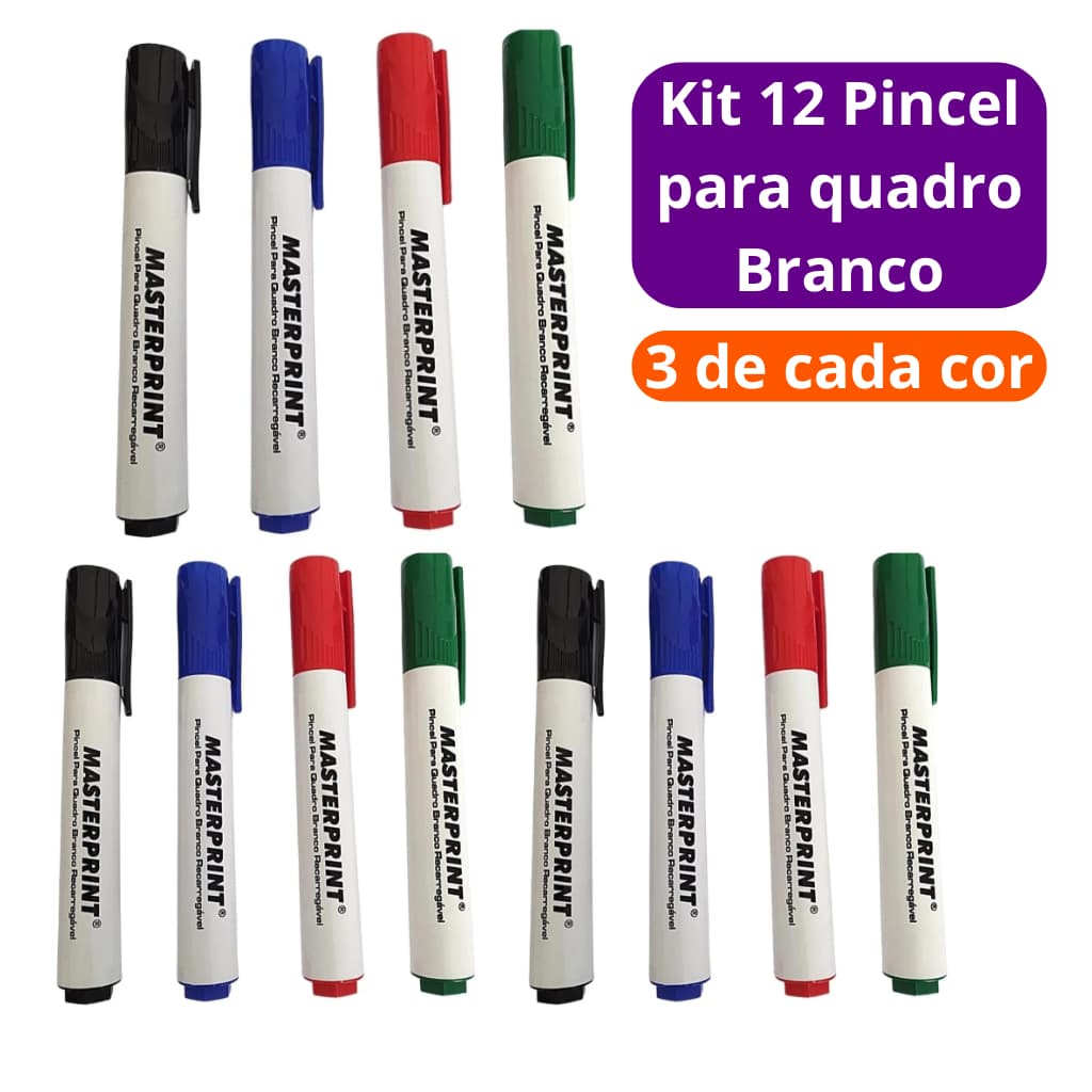 Kit 12 Pincel Quadro Branco Recarregável Nas Cores 3 Azul + 3 Vermelho + 3 Preto + 3 Verde Masteprint