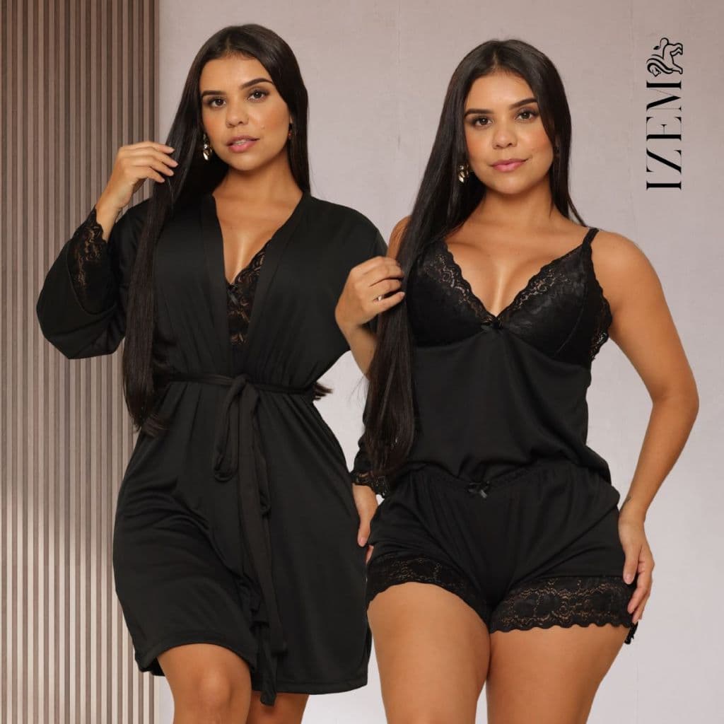 Kit Robe Feminino com Renda e Baby Doll Curto Sensual