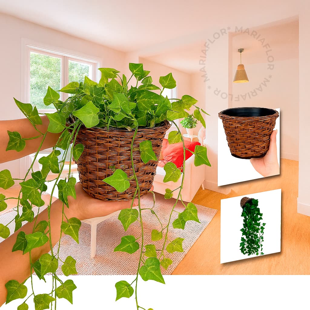 Planta Decorativa + Vaso Trançado Marrom 3 Pendentes Artificial Folhas de Hera Begonia Jiboia