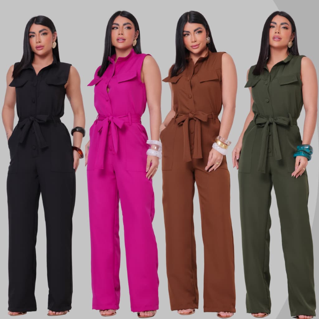 Macacão Feminino Pantalona Alfaiataria Premium com Bolsos e Cinto Faixa Elegante Tedência Do P ao G3
